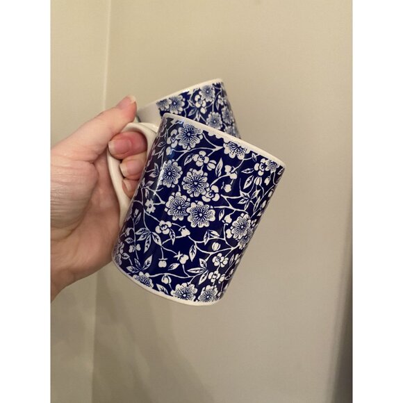 Queens Blue & White Floral Ceramic Coffee Mugs Set Of 2 Made In Malaysia 10 oz